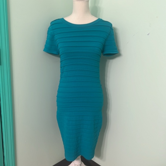 Michael Kors turquoise scalloped edge stretchy striped bodycon dress - Picture 5 of 12